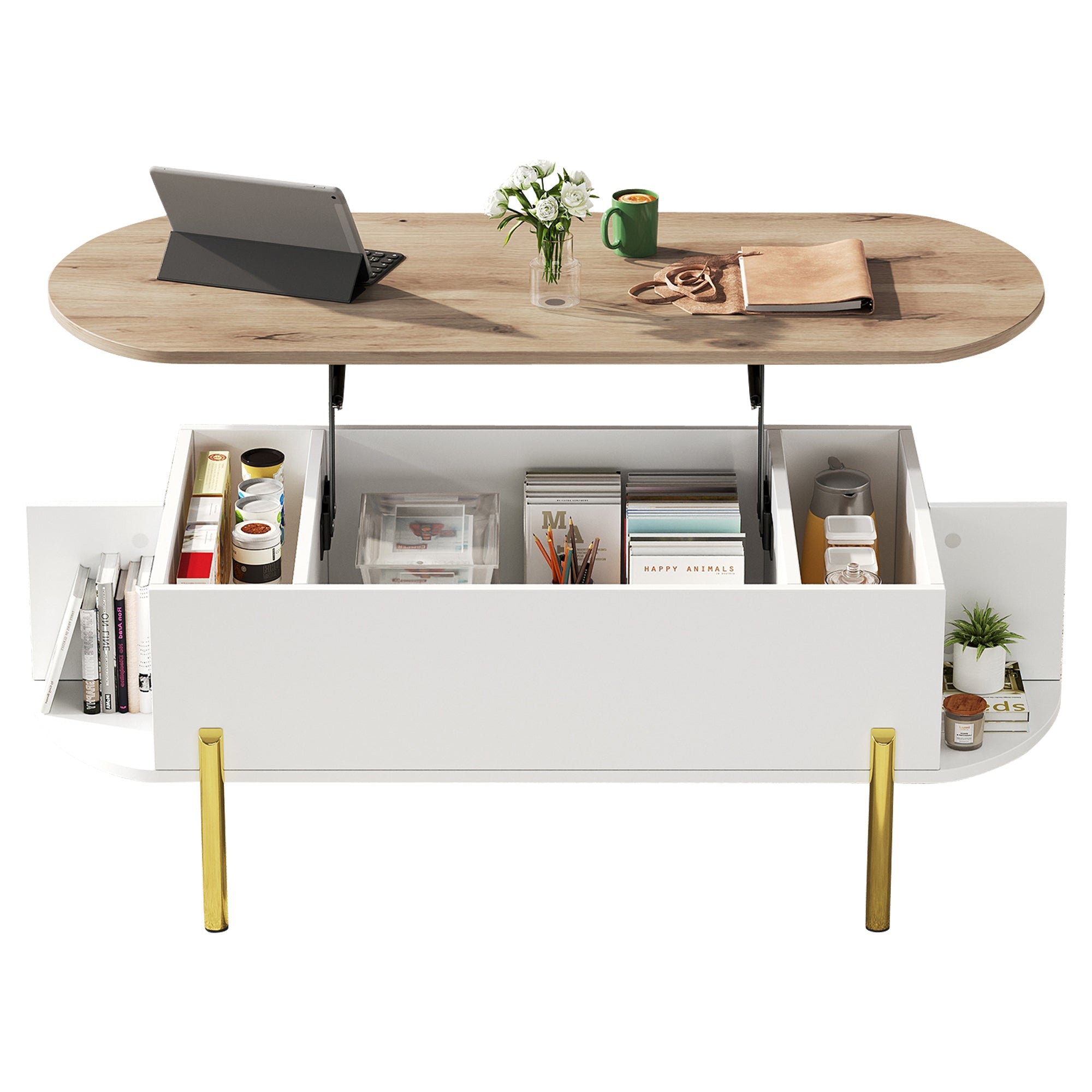 Logidon Verstelbare Salontafel 120x50x43 cm Met Opbergruimte Wit Hout