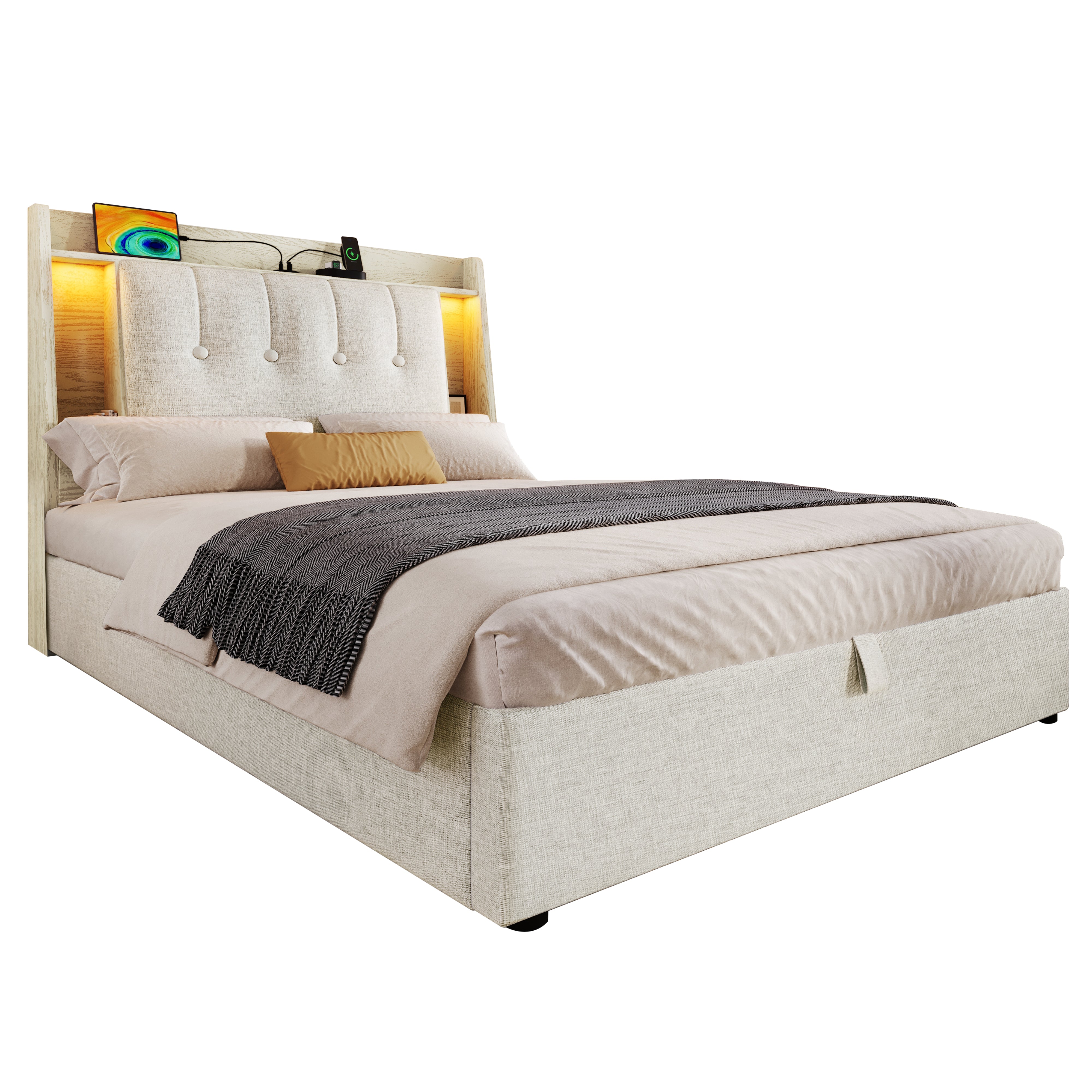 Logidon gestoffeerd bed 90x200 beige linnenlook USB C oplaadfunctie LED