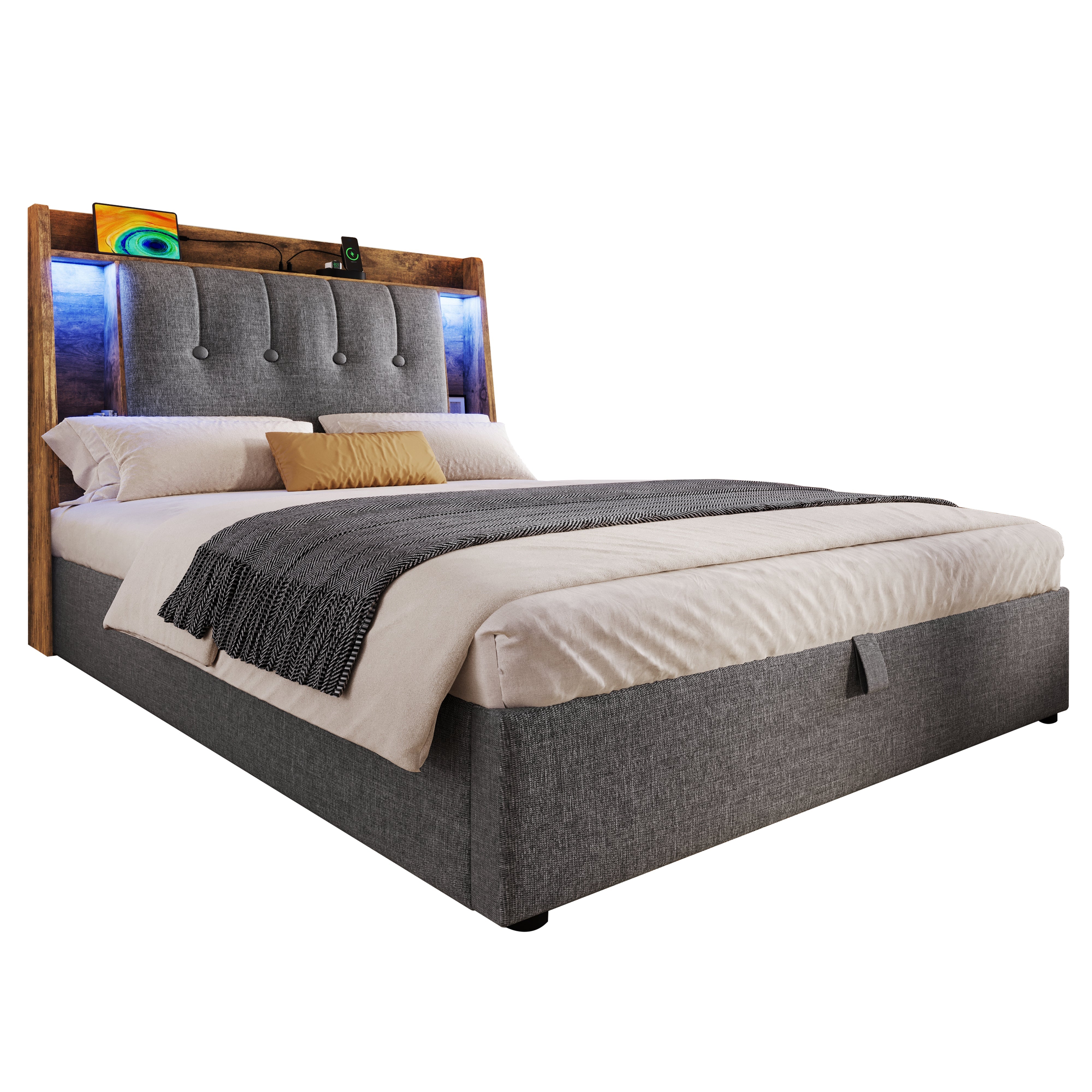 Logidon gestoffeerd bed 90x200 grijs met USB TypeC oplaadfunctie