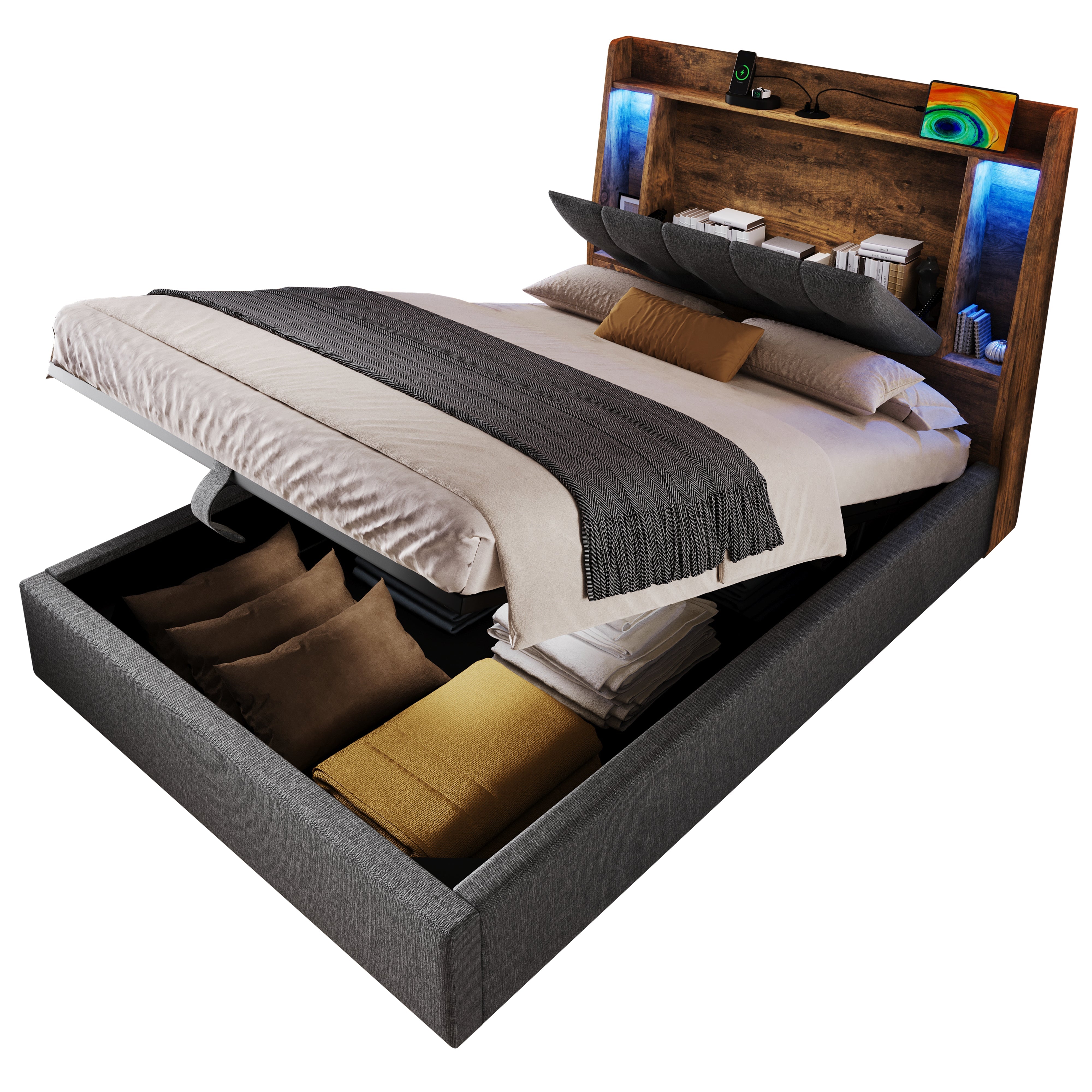 Logidon gestoffeerd bed 90x200 grijs met USB TypeC oplaadfunctie
