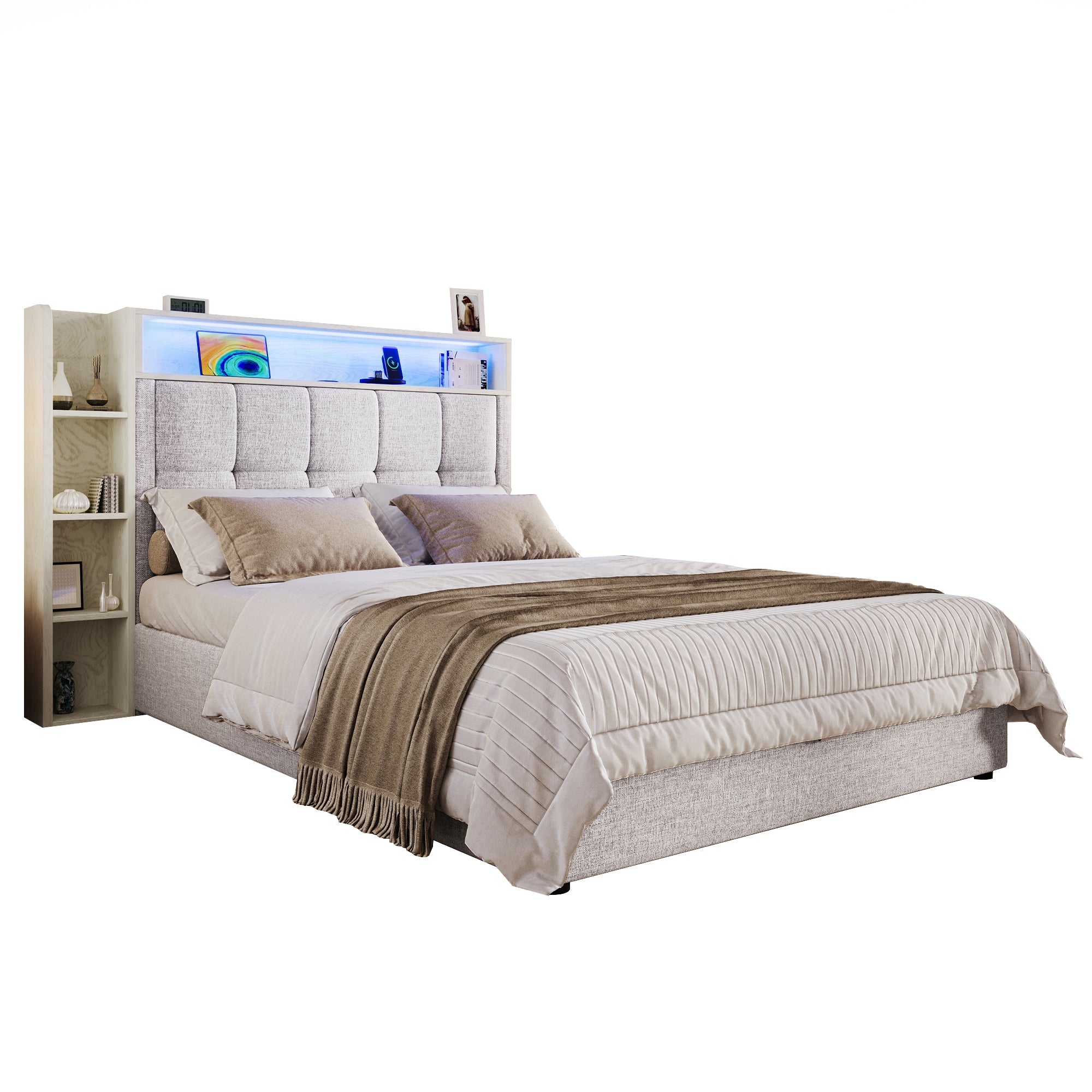 Logidon gestoffeerd bed 90x200 cm beige USB C oplaadfunctie opbergruimte